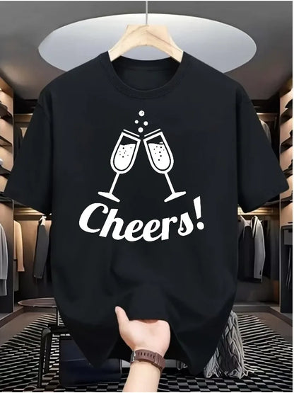 Summer Male Casual White T Shirt Minimalist Cheers Clinking Champagne Cups Print Soft Cotton Short Sleeve Celebration Top