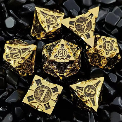 7 Pcs Cosplay D4-D20 DND Brass Gold Polyhedral Sharp Edge Casino Dice Rpg Table Board Game Tray Gem Stone Dragon Metal Steel Set