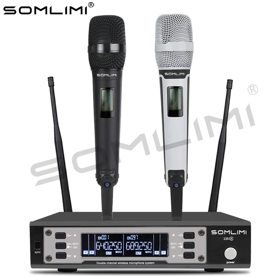 SOMLIMI 135G4 UHF Dual Channels Profession Wireless Microphone System Stage Performance Dynamic Long Distance Metal Handheld
