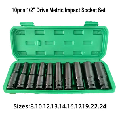 10pcs 1/2 Drive Metric Impact Socket Set Universal Deep Socket Wrench for Air Pneumatic Repair Tools