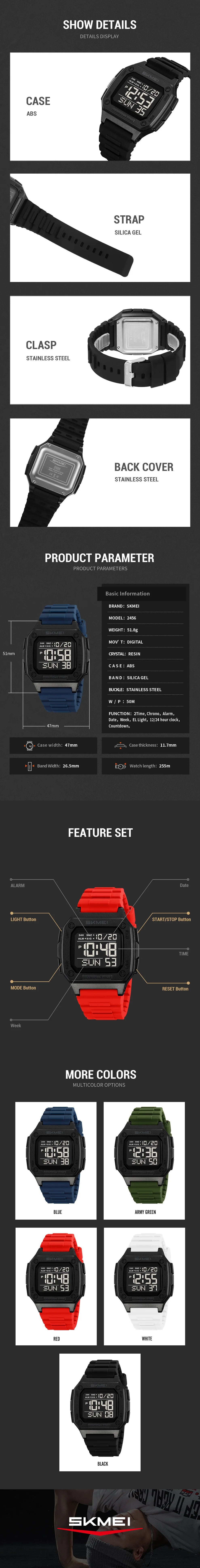 SKMEI 2456 Fashion Digital New Watch for Men Alarm Retro Sport Electronic Wristwatch LED Countdown Hand Clock Reloj Masculino