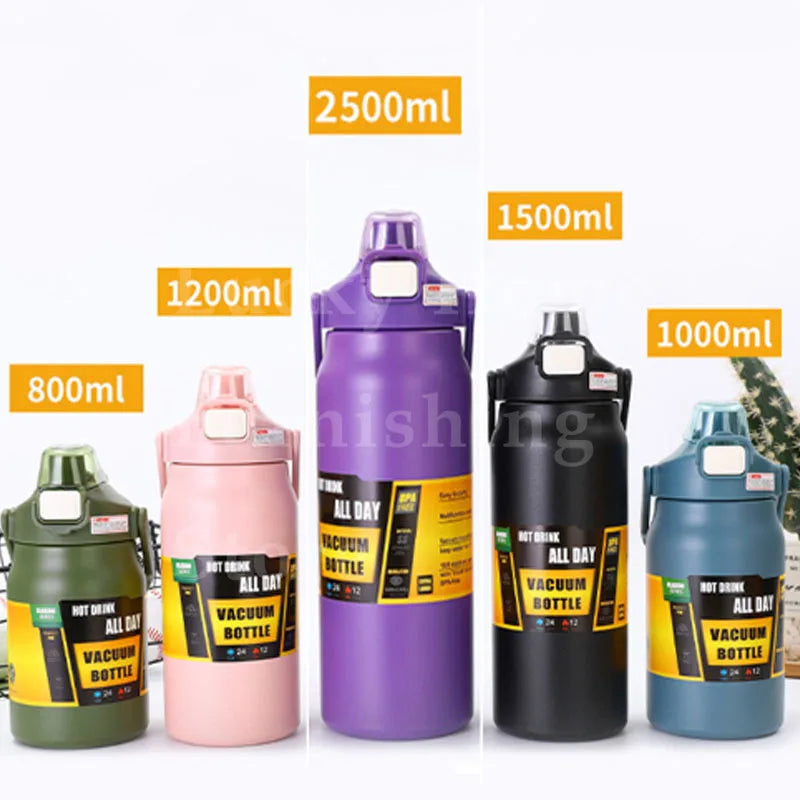 Stainless Steel Vacuum Bottle Large Capacity 1.2L/1.5L Insulated Thermo Water Flask Dual Use Lids Direct Straw Sport Gym Tumbler