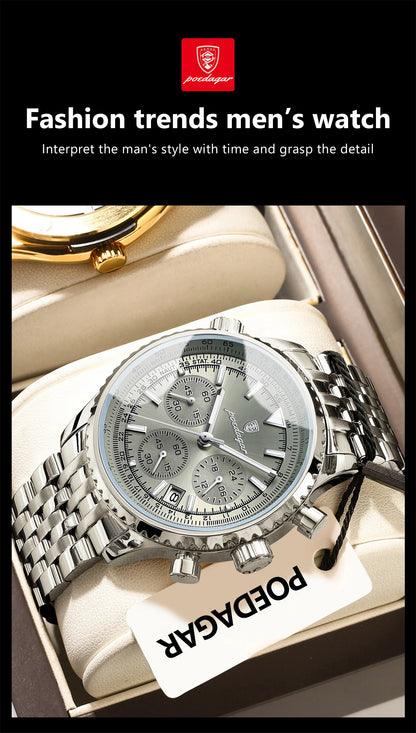POEDAGAR Luxury Fashion Men Watch Stainless Steel Waterproof Luminous Quartz Male Clock Date Chronograph Military Men's Watches