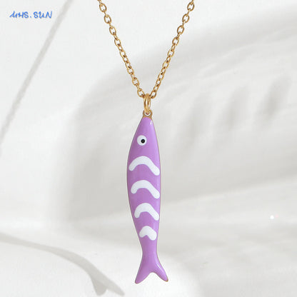 Cute Colorful Enamel Fish Pendant Necklaces For Women Girls Lovely Stainless Steel Gold Color Summer Waterproof Beach Jewelry