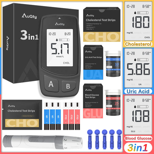 GUC 3in1 Multifunction Cholesterol Uric Acid Blood Glucose Meter Blood Sugar Test Strip Diabetes Glucometer Kit Gout Monitor
