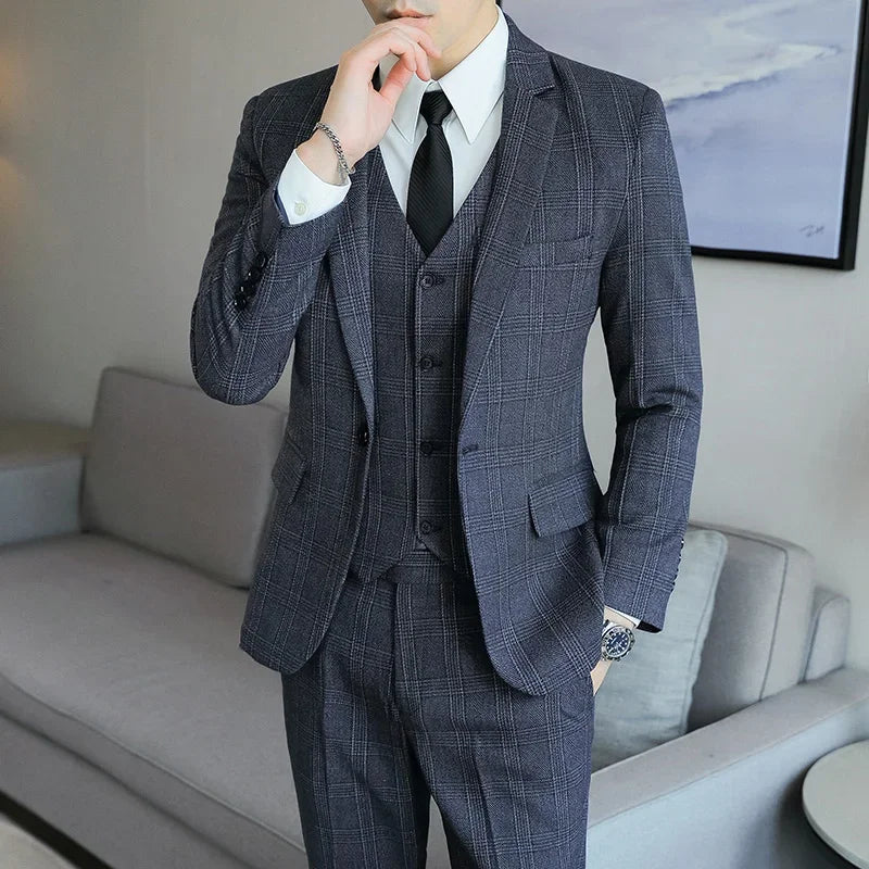 Hemp (blazer+Vest+Pants) Fashion Business Leisure Hosts Slim-fit Cotton Hemp Gentleman Wedding Work Wedding Suits for Men M-5XL