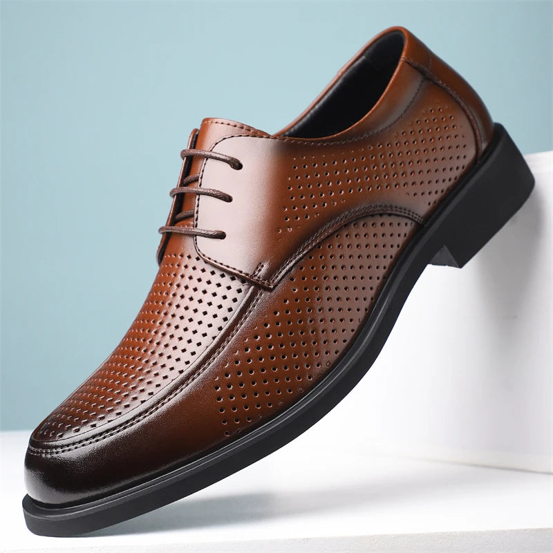 Men's Summer Breathable Leather Shoes Hollow out Comfortable Soft Bottom Business Derby Shoes British Style-SJ5333-1