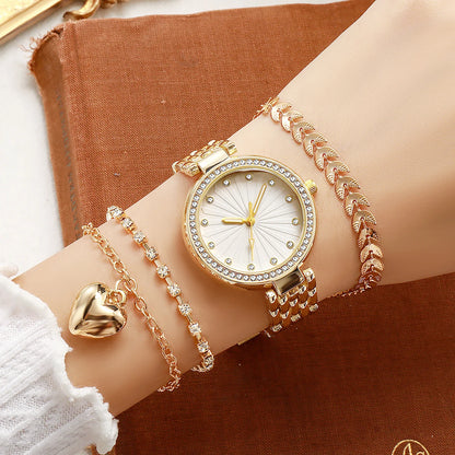 Luxury Gold Watch Bracelet Set for Women | Crystal Bezel | Heart Charm | Leaf Link | Elegant Gift Set