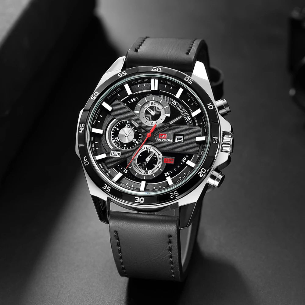 Man Sports Watches Fashion Racing Series 46mm Black Leather Clock VA VA VOOM Quartz Movement 3Bar Waterproof Wrist Watch for Men