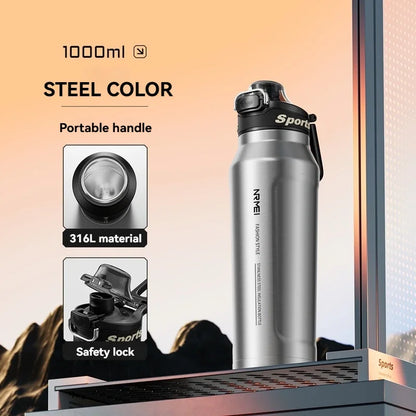 1L Stainless Steel Thermos Bottle, Iced & Heat Insulated Cup, Hiking Cycling Fitness Vacuum Flask with Handle