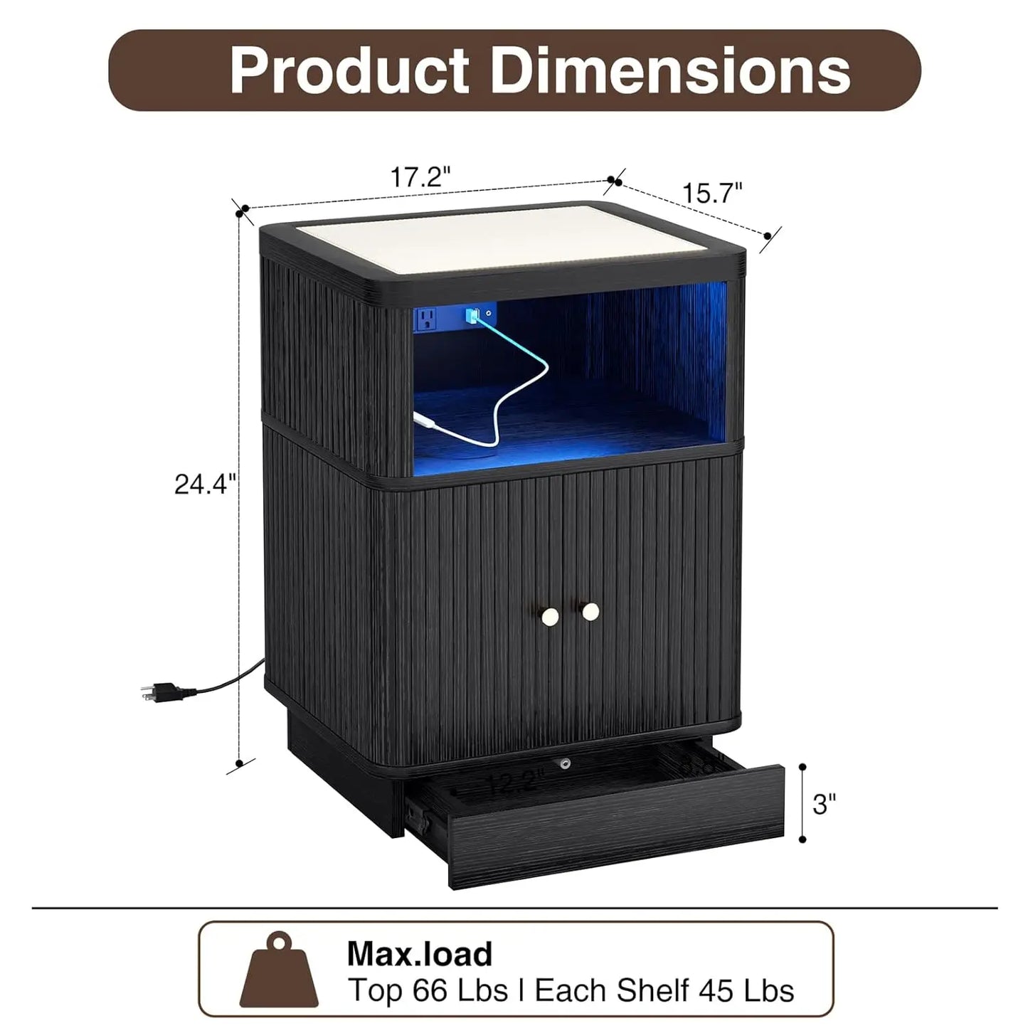 Night Stand With Charger Station, Modern Nightstand Set Of 2 With Hidden Drawer, Saddle Leather Top, Smart LED, And, Customized