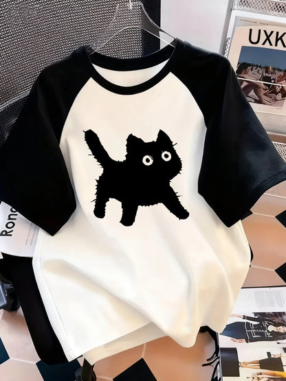Kawaii T Shirt  Retro Black Cat Letter Print Crew Neck T-Shirt Casual Short Sleeve Top for Spring Summer Women's Clothing
