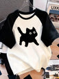 Kawaii T Shirt  Retro Black Cat Letter Print Crew Neck T-Shirt Casual Short Sleeve Top for Spring Summer Women's Clothing