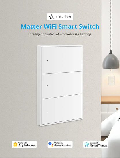Zemismart Matter WiFi 1 2 3 4 6 Gangs Smart Wall Light Switch Neutral Required with Big Button SmartThings App Homekit Control