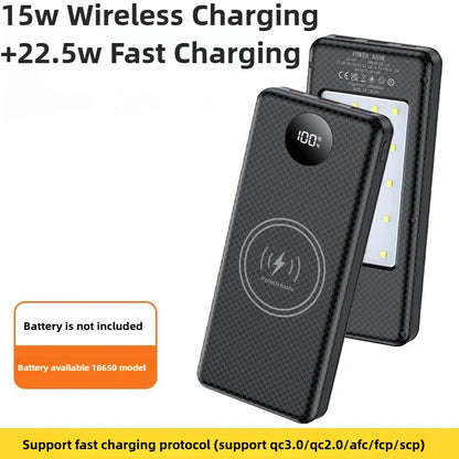 22.5W Fast Charging & Wireless Charging 18650 Battery Power Case - 8x18650 Battery Holder with Outdoor Camping LED Light