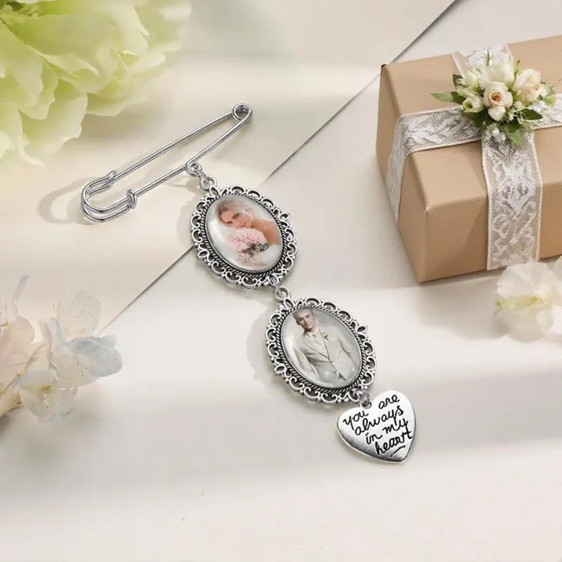 Custom Bride's Commemorative Bouquet Pendant with a Memorial Photo, Bouquet Memory Pendant, Oval Commemorative Pin with Picture