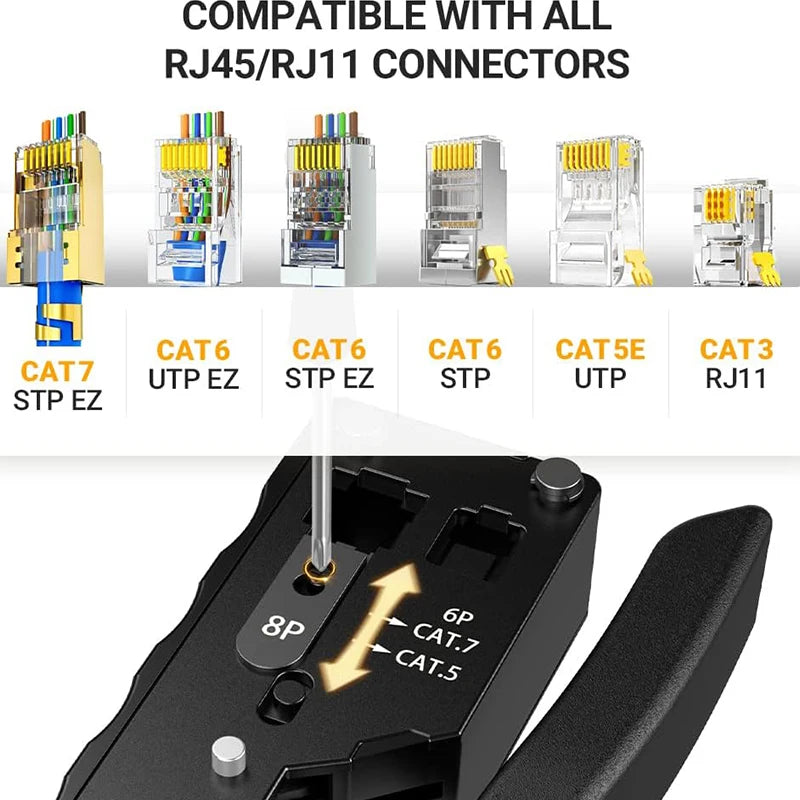New Rj45 Rj12 Rj11 Pass Through Crimp Plier Cat7 Cat6 Cat6A Cat5 Cat5e Stripping Crimping Tool with 8P/6P Ethernet Connectors