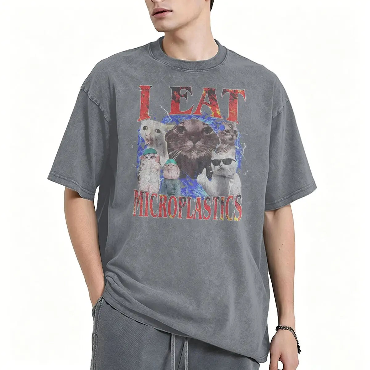 I Eat Microplastics Meme Cats Retro T Shirt 100% Cotton Vintage Washed T-shirt For Men Women