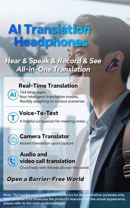 A80 Newest AI Translation Headphones Wireless Bluetooth 6.0 Earbuds 164 Languages Real-Time Translator Noise Cancelling