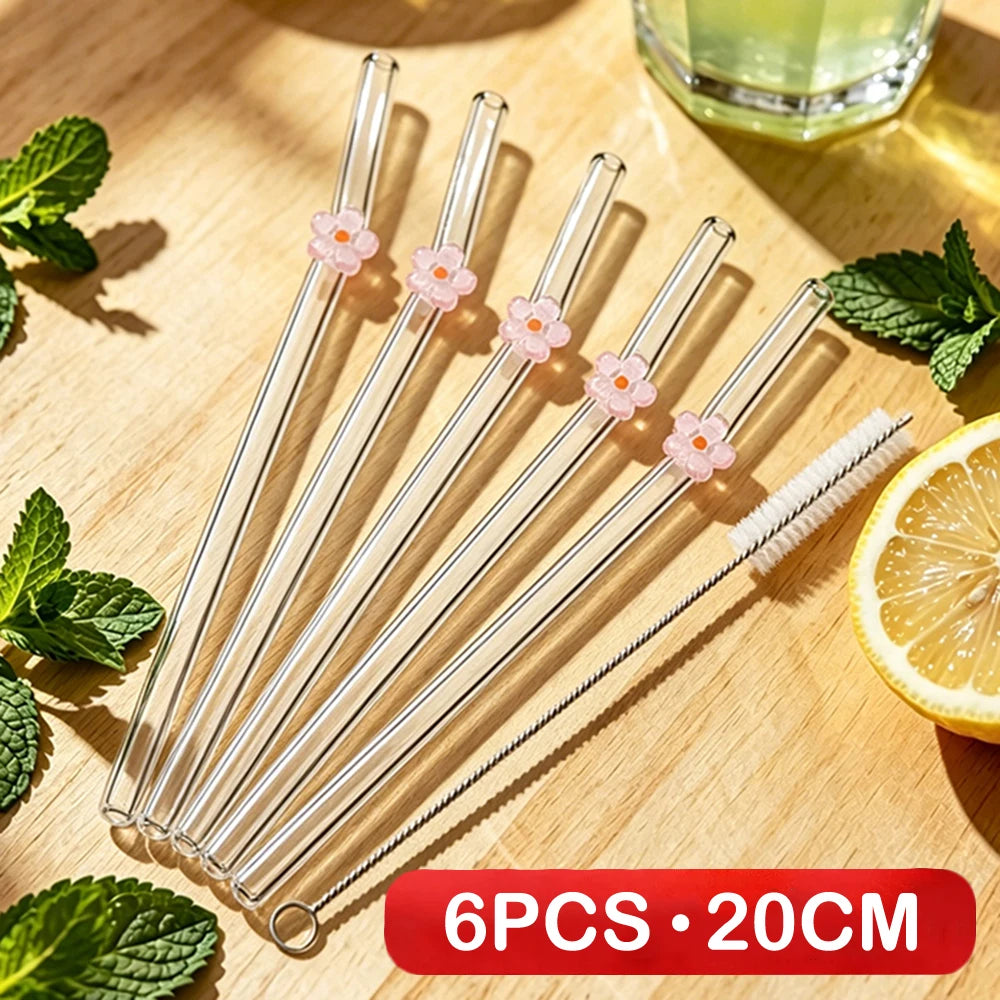 6PCS Reusable Drinking Straws Cute Flower Glass Straws with Cleaning Brush for Coffee Lover Smoothies Frozen Drinks Tea Juice