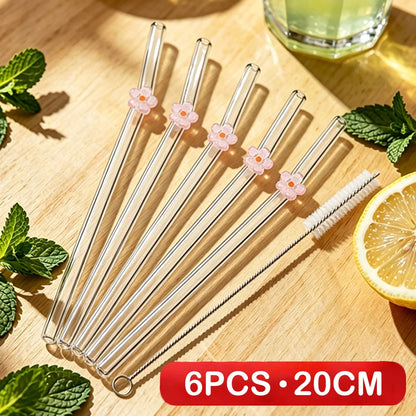 6PCS Reusable Drinking Straws Cute Flower Glass Straws with Cleaning Brush for Coffee Lover Smoothies Frozen Drinks Tea Juice