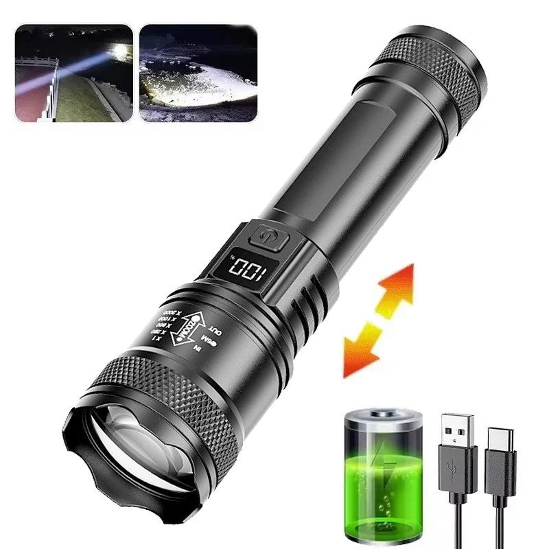 Super Bright LED Flashlight Type-C Rechargeable Led Torch Long Range Tactical Lamp Outdoor Waterproof Camping Fishing Lantern