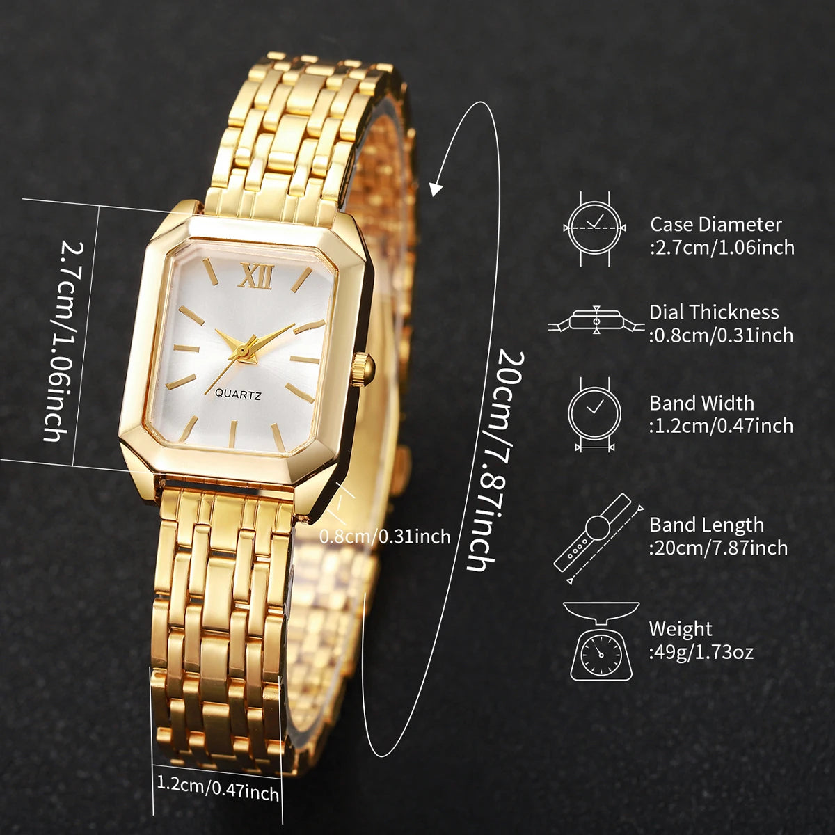 4PCS Elegant Rectangle Women Watch Rhinestone Bracelets Set Fashion Roma Dial Quartz Wristwatches Relogio Feminino (Without Box)