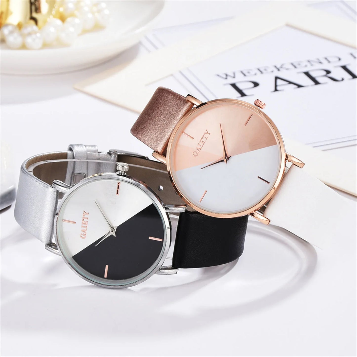 Women'S Watch Set Luxury Fashion Light Luxury Geometric Stitching Quartz Style Pu Leather Strap Round Dial Women'S Gift