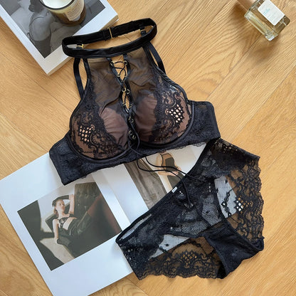 Luxury French Lace Halter Bra Small Chest Push-Up Sheer Bralette Seductive Allure Black Lingerie Set Wire-Free Comfort MOYISU AB