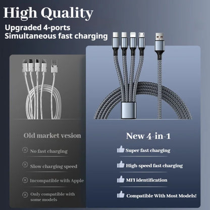 4-in-1 Multifunctional Charging Cable Supports USB-A to USB-C, Micro USB, and Braided Cables for Charging Multiple Devices