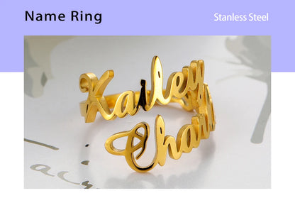 Custom Double First Name Finger Ring For Women Men Personalized Couple Wedding Gift Gold Color Stainless Steel Open Ring Jewelry