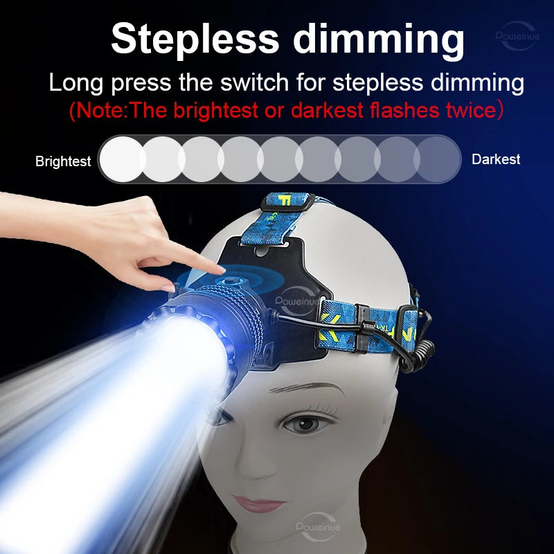 2000W Most Powerful LED Headlamp Super Bright Waterproof Head Flashlight Long Range 6000M Tactical Head Torch Fishing Headlight