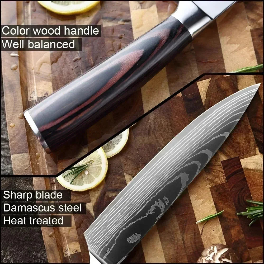 Damascus Chef's Knife Kitchen Knives Set Professional Boning Knife Meat Cleaver Utility Knife Japanese Santoku Knife with Cover