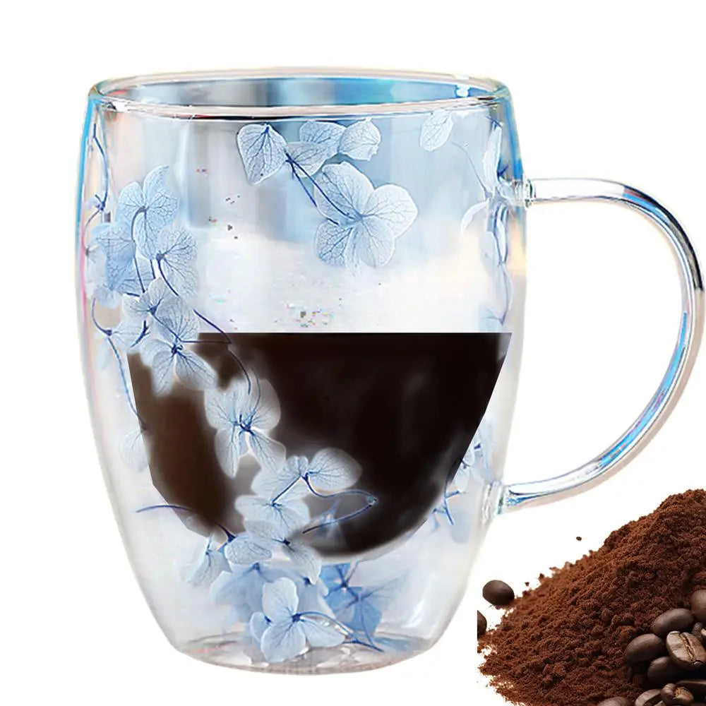 Insulated Layer Flowers Coffee Cup Double Walled Glass Coffee Mug Handle Anti-Scald Glass Mugs Dried Flowers Heat Insulation cup