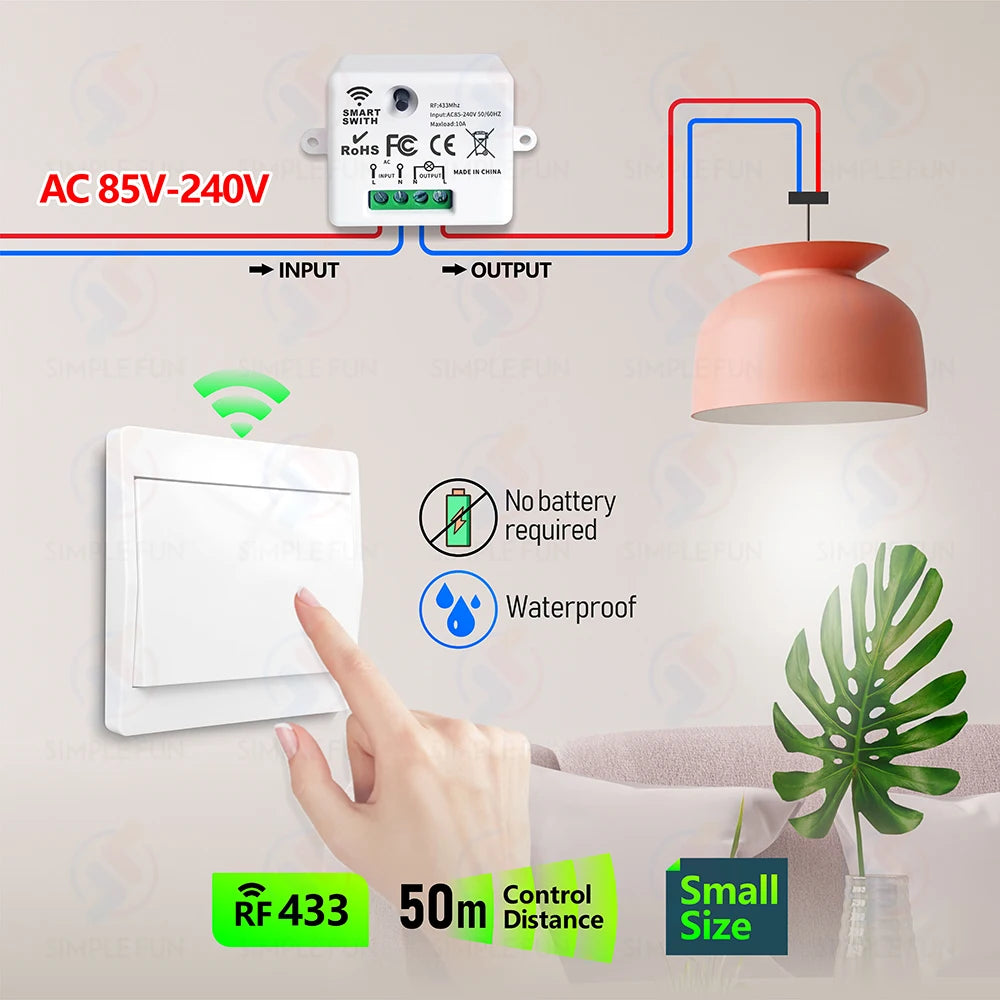 Mini 433MHz Smart Light Switch,50m Self Powered Wireless Wall Switch No Need Battery,110V 220V Mini RF Module,for Home Appliance