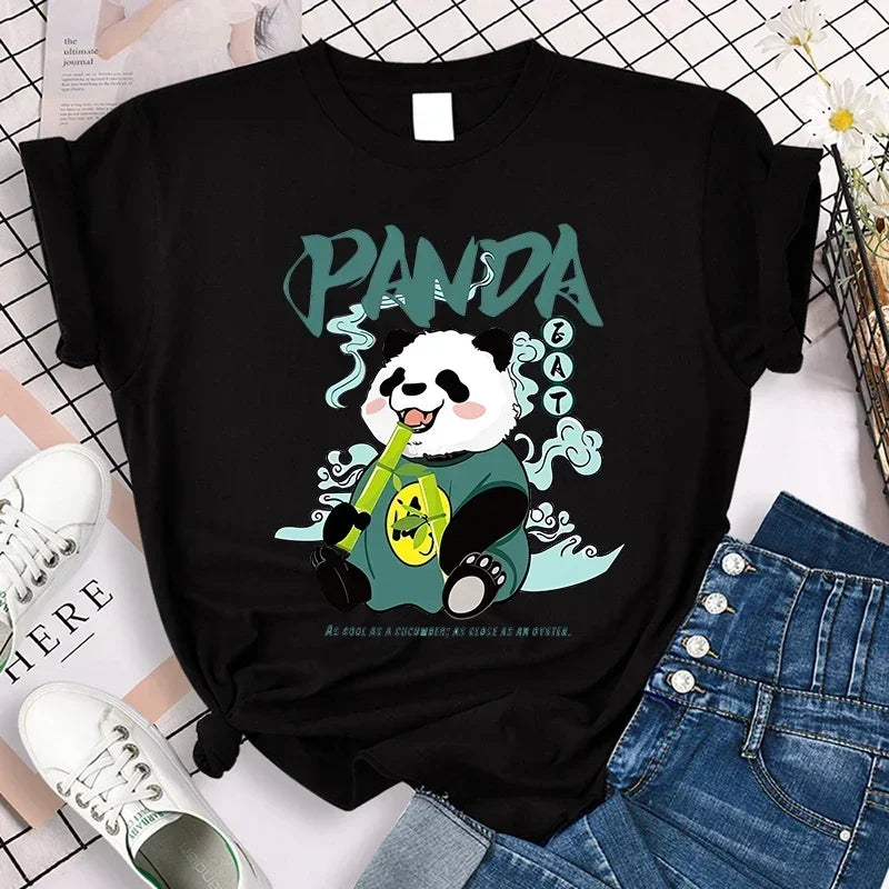 Cartoon Casual Creative T-shirt Vintage Round Neck Clothes Funny Cute Panda Printed T Shirt for Women Summer Sleeve