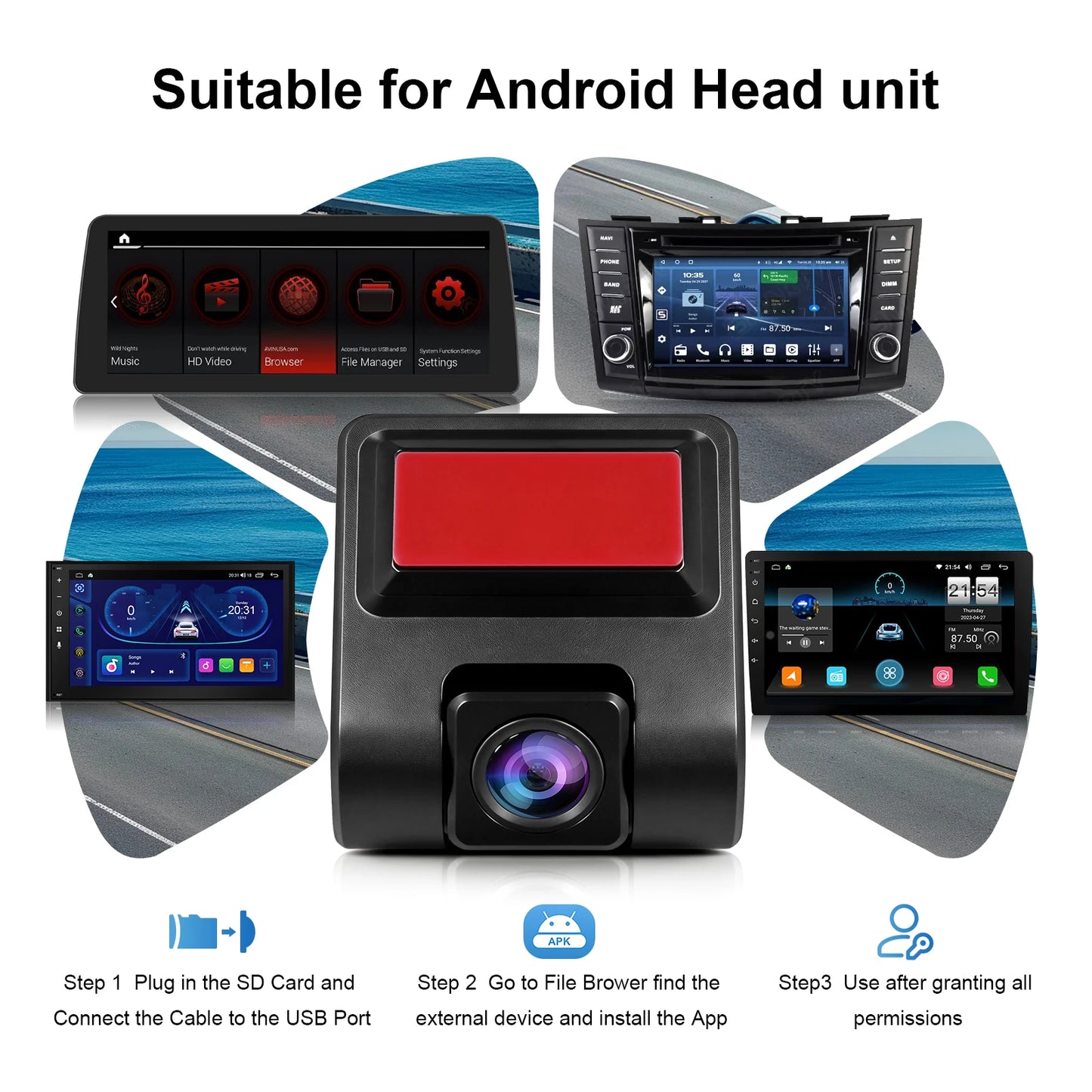 USB Front Dash Camera Universal Car DVR for Android System with ADAS Plug in the SD Card, Night Vision Loop Recording 1080P HD