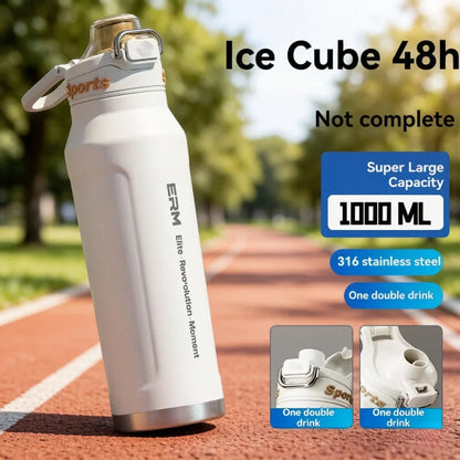 1L Stainless Steel Thermos Bottle, Iced & Heat Insulated Cup, Hiking Cycling Fitness Vacuum Flask with Handle