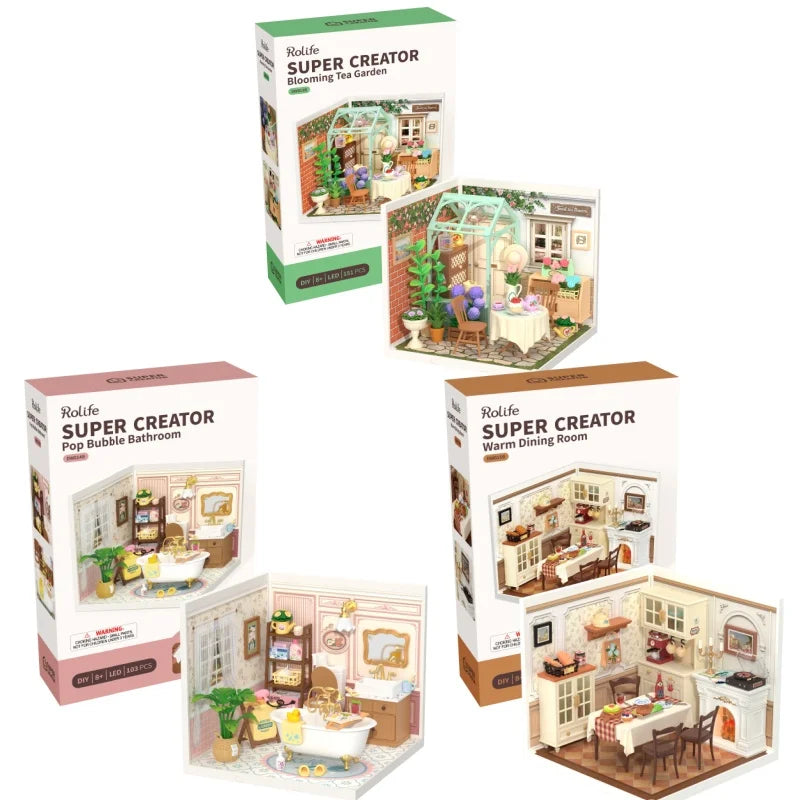 Robotime DIY Miniature Dollhouse Kit Home Garden Series Building Kits with LED Xmas Gifts for Adult Warm Dining Room