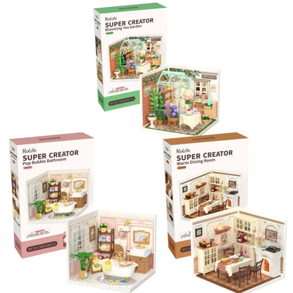 Robotime DIY Miniature Dollhouse Kit Home Garden Series Building Kits with LED Xmas Gifts for Adult Warm Dining Room
