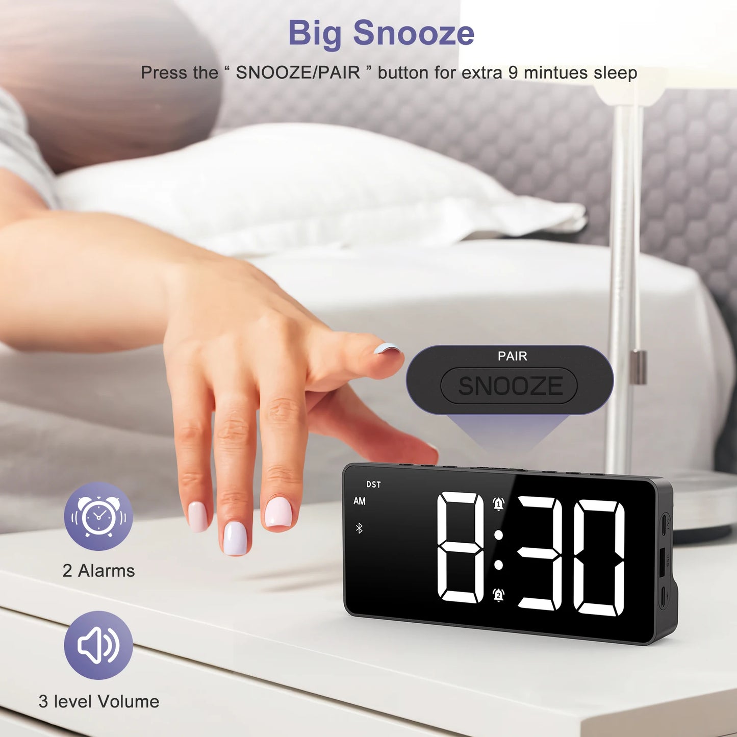 ORIA 7'' LED Alarm Clock with Bluetooth Sync Time Digital Alarm Clock with Dual Alarm & 5 Brightness Levels for Home Office Use