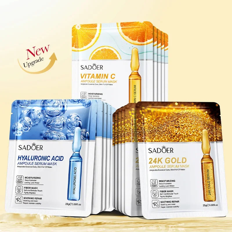 10-Piece Set Sadoer 24K Gold Vitamin C Hyaluronic Acid Mask Moisturizing Firming Hydrating Facial Care Mask Skincare Products
