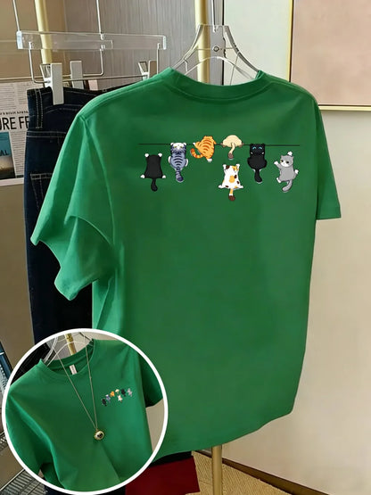 Cartoons Cats Prints T-Shirts Summer Womens Cotton T Shirts Basic O-Neck Oversized Short Sleeve Tops Casual Street Woman Clothes