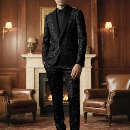 KIDWHXR Man Suit Outfit Patchwork Turn Down Collar Blazer Male Straight-leg Pant Men Slim Sequins Wedding Stage 2-piece Set