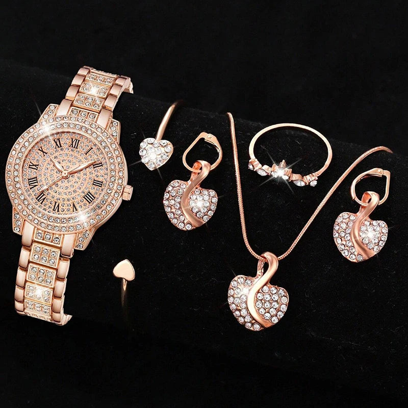 6PCS Women Watch Luxury Elegant Alloy Watch Crystal Wristwatch For Ladies Gift Quartz Watch Alloy Rhinestone Bracelet Montre