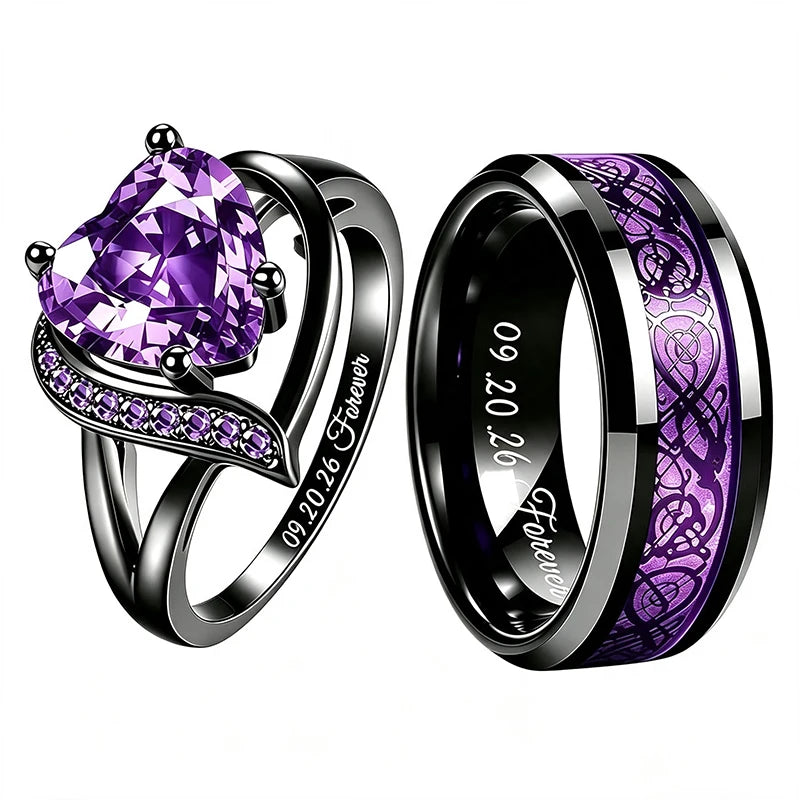 Personalized Couple Rings Set Custom Engraved Heart Cubic Zirconia Engagement  Ring Birthday Gift Wedding Rings Jewelry