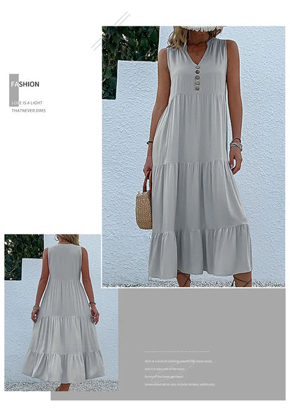 Casual Summer Midi Dress Women Sleeveless Tank V Neck Buttons Ruffle Loose Dresses Beach Soild Sundress Fashion