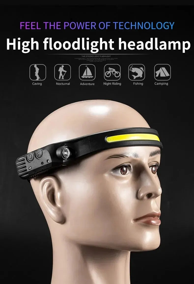 Latarka czołowa LED z czujnikiem i wbudowanym akumulatorem, ładowana przez USB, lampa robocza, super jasna latarka