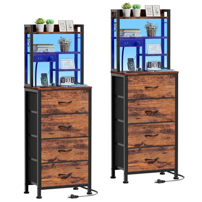 Set of 2 Tall Nightstands With Charging Station & USB Ports, 4 Fabric Drawers & LED Lights, Custom