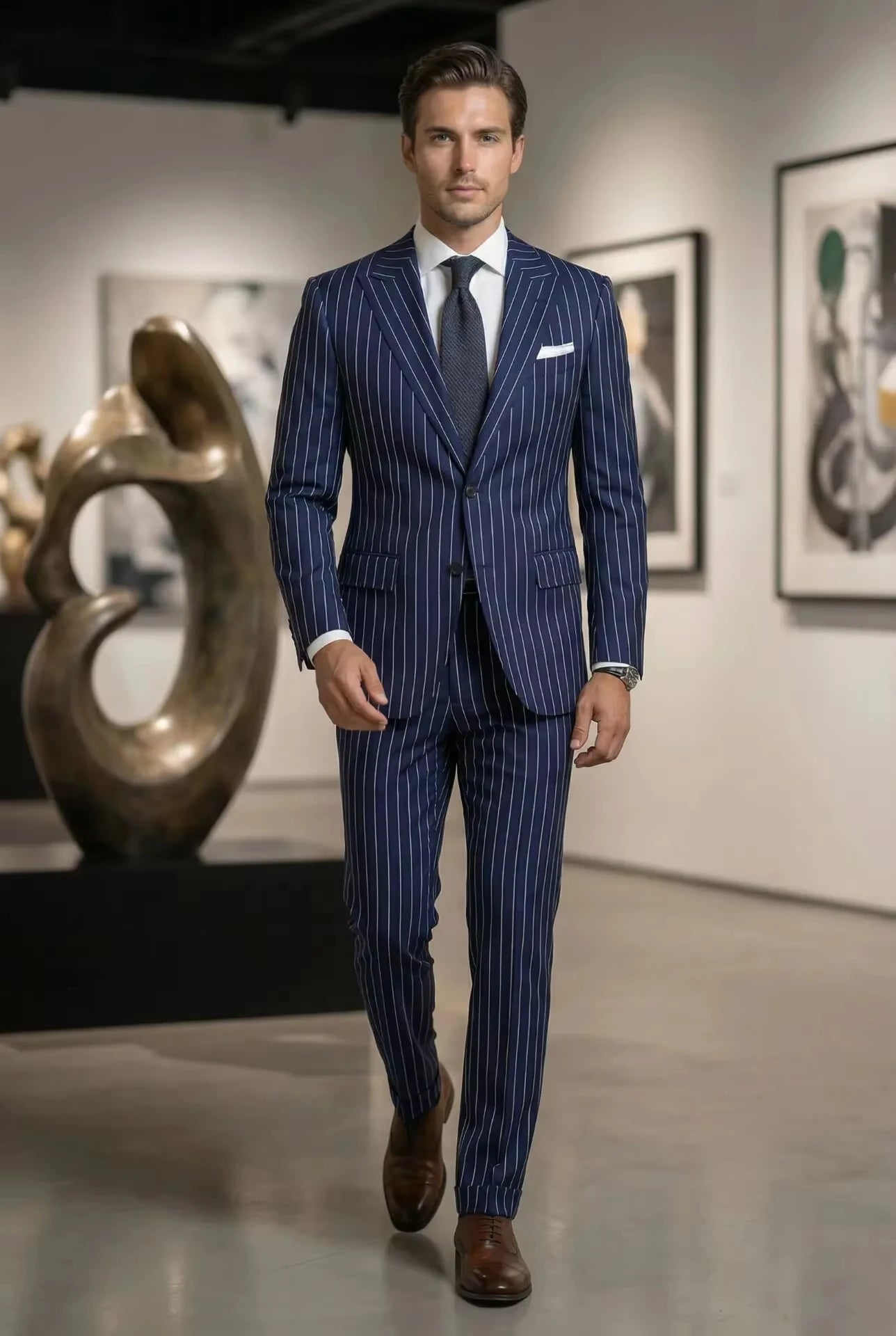 Navy Blue Pinstripe Men's Suits Fashion Peaked Lapel Two Buttons Groom Wedding Business Prom Party Male Suit (Jacket+Pant)